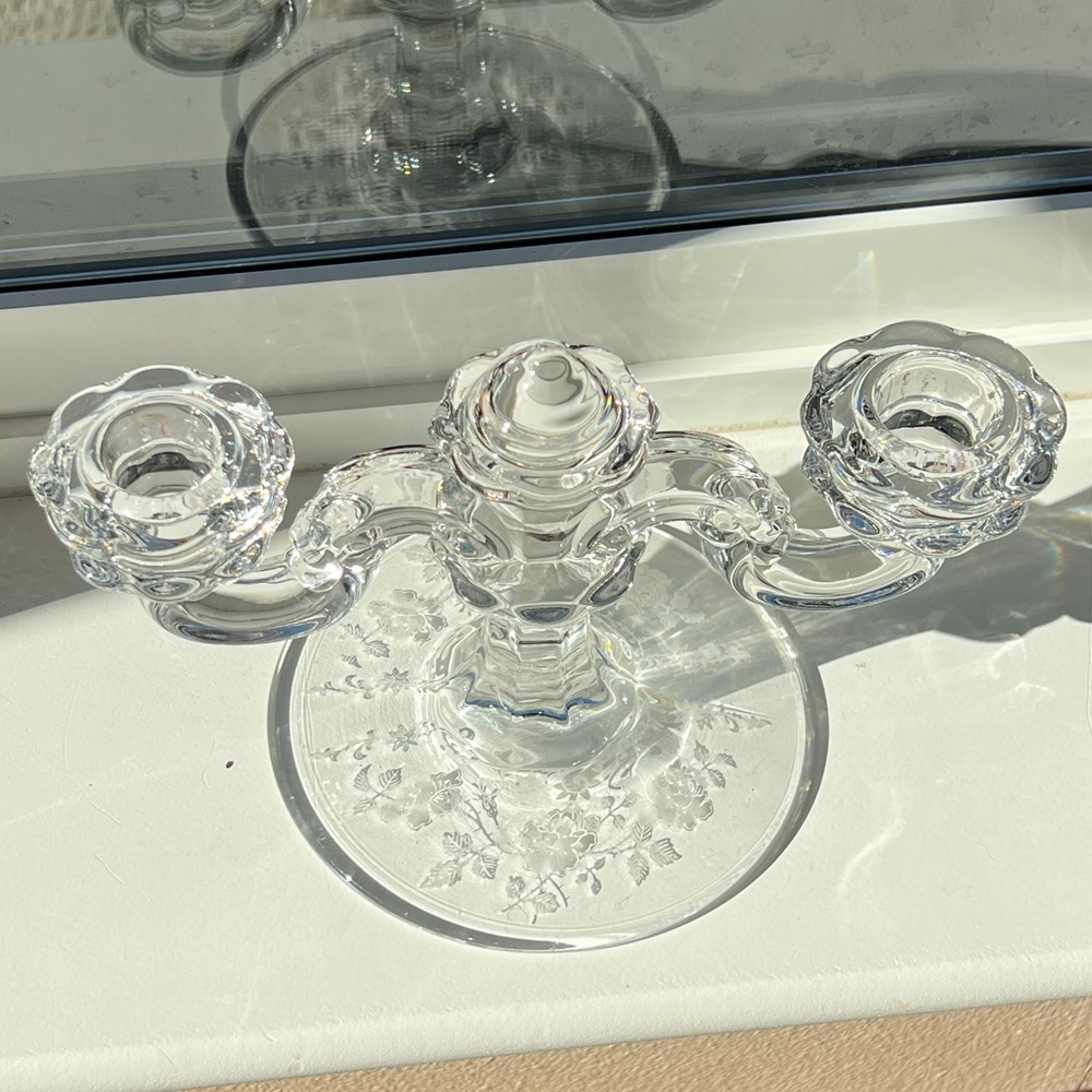 Vintage Fostoria Midnight Rose Etched Two Candlestick Candelabra Dome Center - Picture 6 of 16